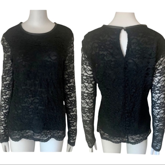 BROCHU WALKER Silk Lace Blouse Sheer Long Sleeves Black Style# HY13965 - Picture 1 of 16